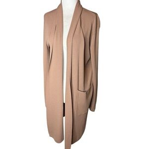 Mod Ref Tan Duster Cardigan Small Open Front Shawl Collar Pocket Sweater